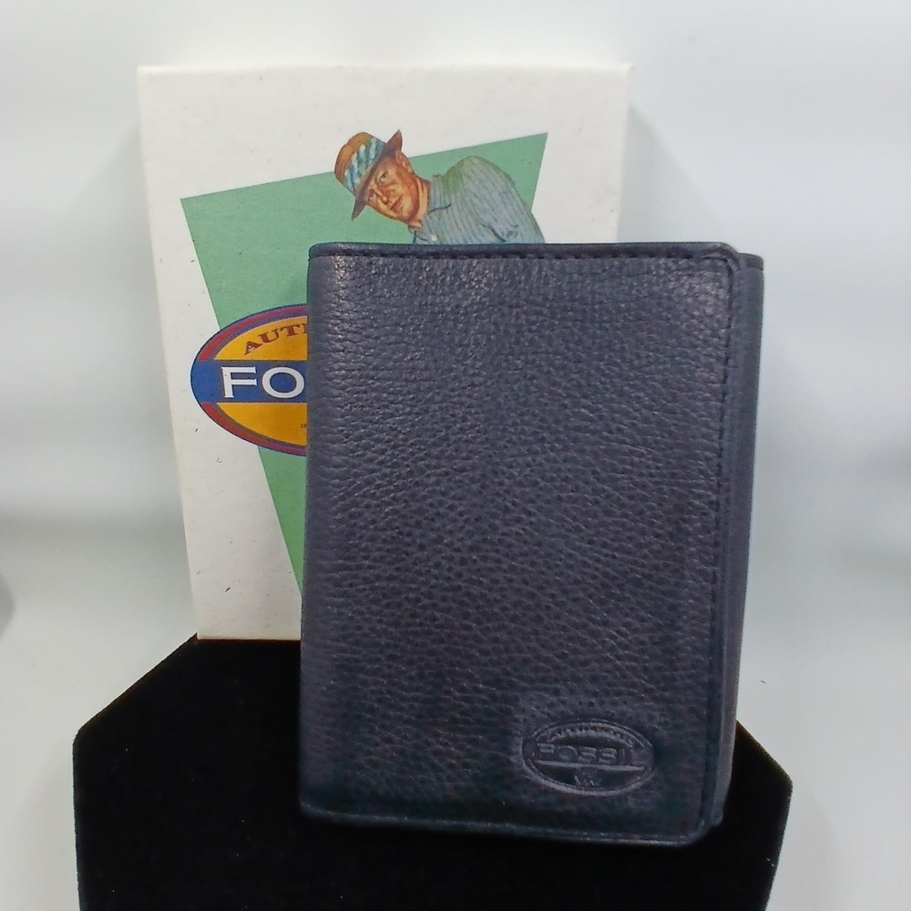 Fossil Leather Wallet Mens One Size Black Trifold Golf‎ Theme Boxed Logo